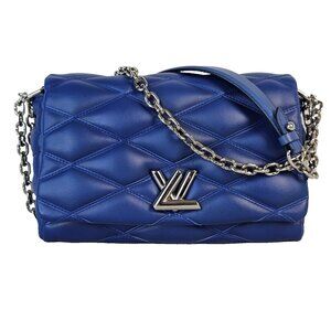 LOUIS VUITTON GO-14 PM Malletage Shoulder Bag Blue Leather Chain Silver 2 Way LV